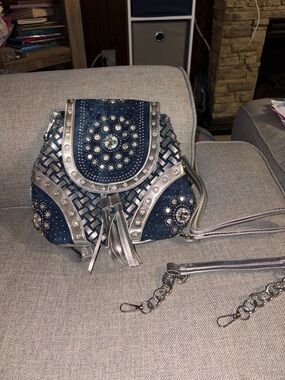Embellished Navy and Silver Crossbody Bag
